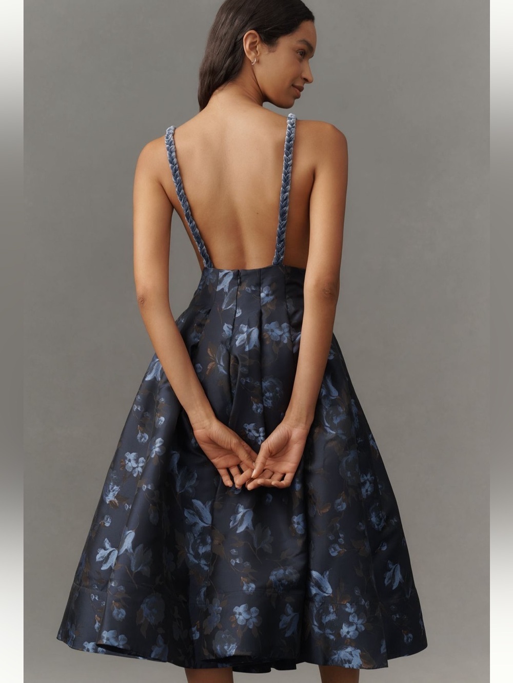 Maeve V-Neck Blue Floral Velvet Jacquard A-Line Midi Dress US 4 - Picture 2 of 9